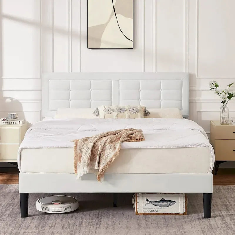 VECELO Bed Frame with Adjustable Headboard, Upholstered Button Tufted Platform Bedframe with Wood Slats Support