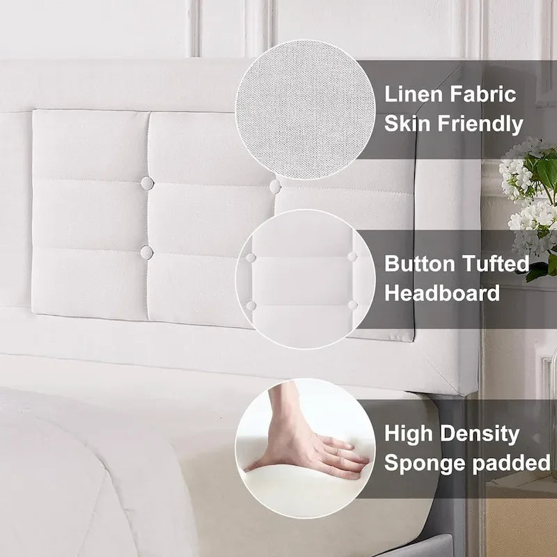 VECELO Bed Frame with Adjustable Headboard, Upholstered Button Tufted Platform Bedframe with Wood Slats Support