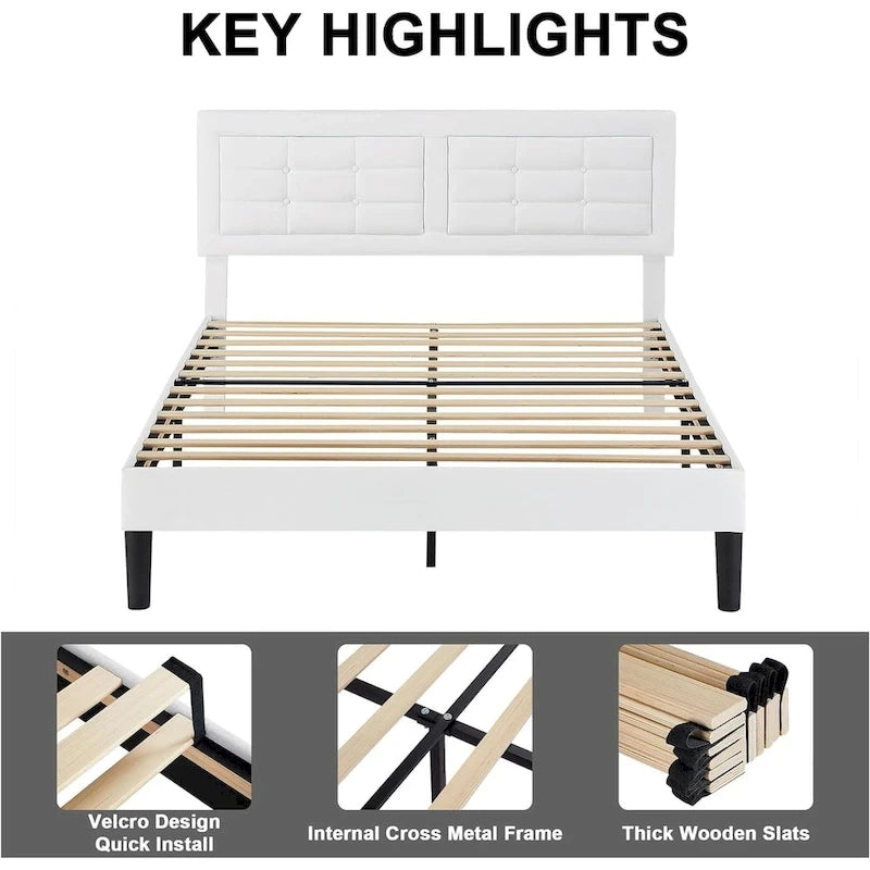 VECELO Bed Frame with Adjustable Headboard, Upholstered Button Tufted Platform Bedframe with Wood Slats Support