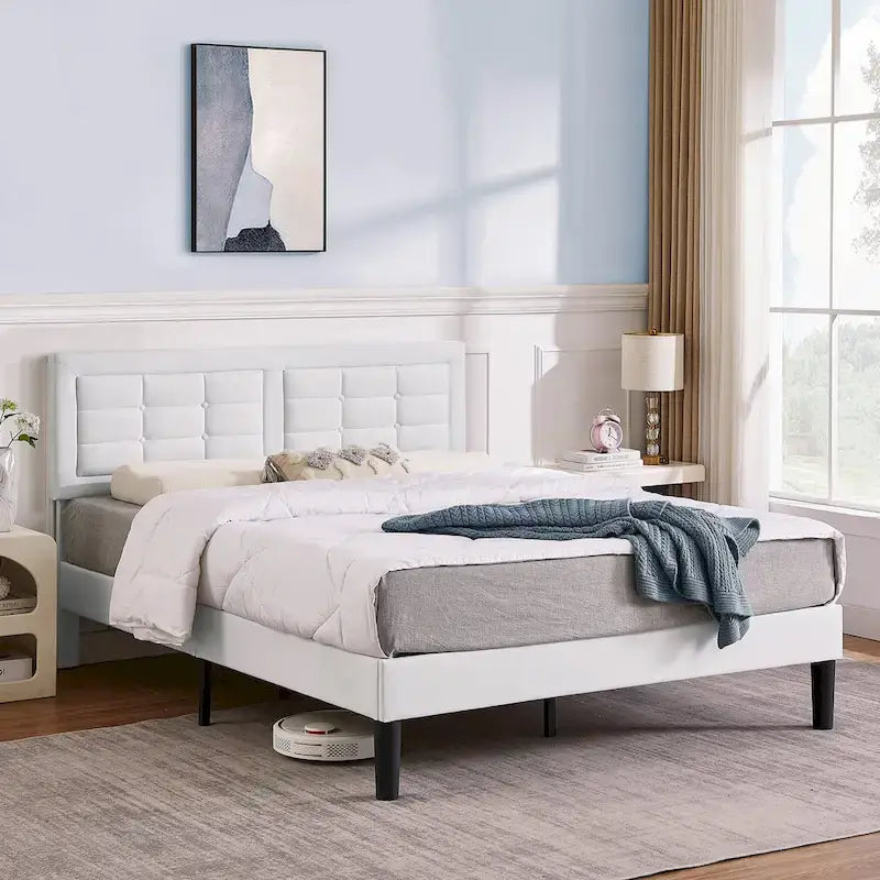 VECELO Bed Frame with Adjustable Headboard, Upholstered Button Tufted Platform Bedframe with Wood Slats Support