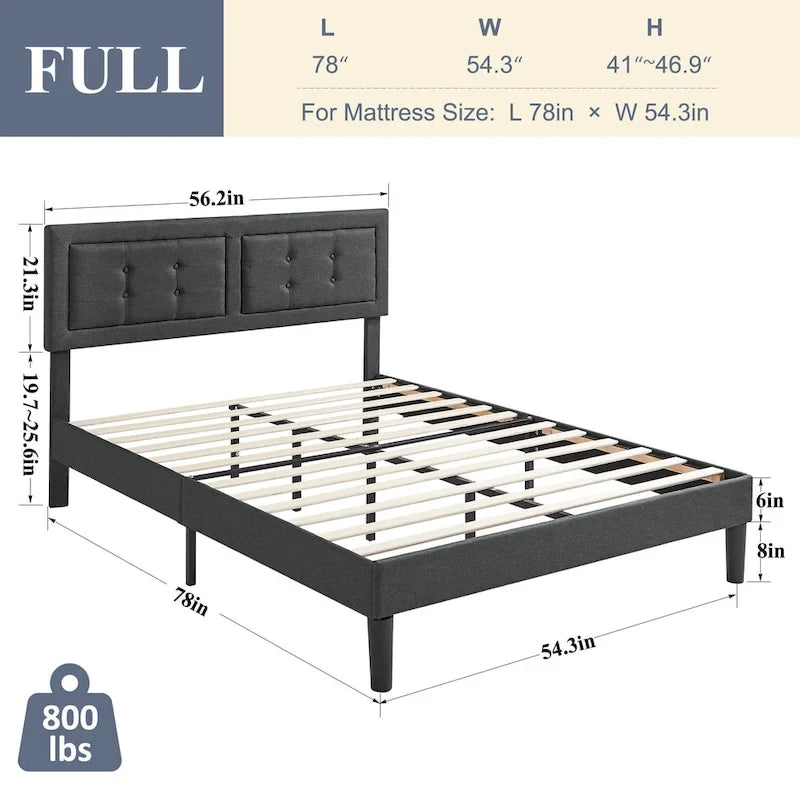 VECELO Bed Frame with Adjustable Headboard, Upholstered Button Tufted Platform Bedframe with Wood Slats Support
