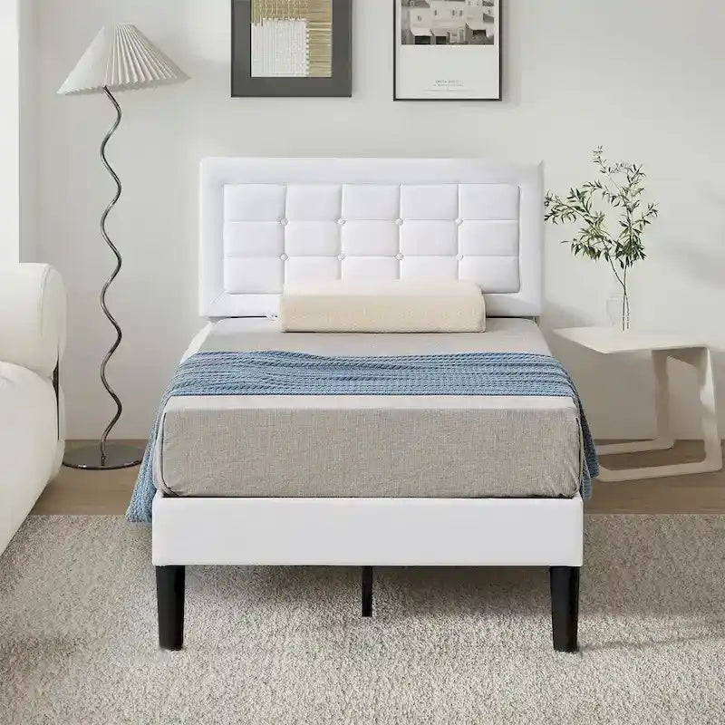 VECELO Bed Frame with Adjustable Headboard, Upholstered Button Tufted Platform Bedframe with Wood Slats Support