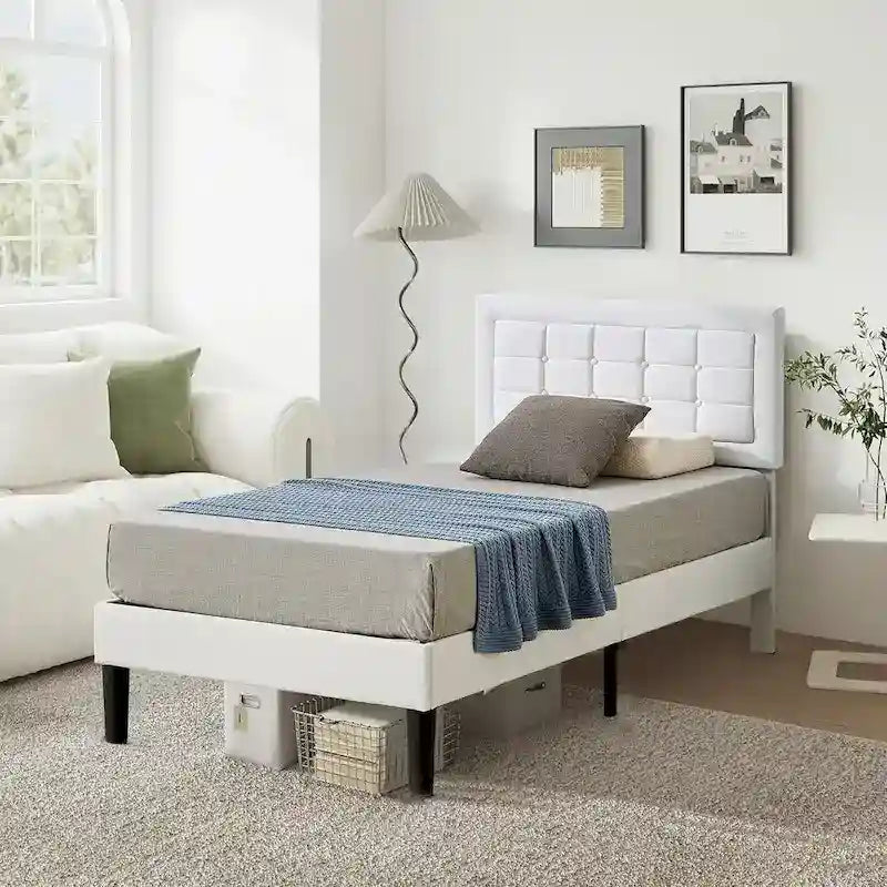 VECELO Bed Frame with Adjustable Headboard, Upholstered Button Tufted Platform Bedframe with Wood Slats Support