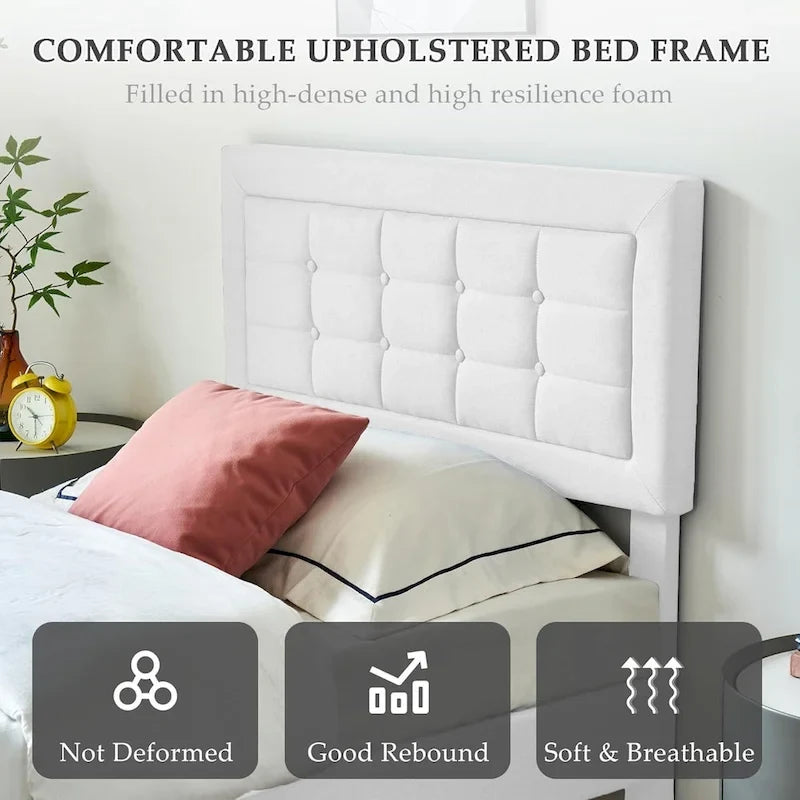 VECELO Bed Frame with Adjustable Headboard, Upholstered Button Tufted Platform Bedframe with Wood Slats Support