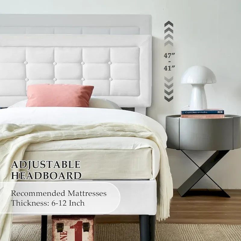 VECELO Bed Frame with Adjustable Headboard, Upholstered Button Tufted Platform Bedframe with Wood Slats Support