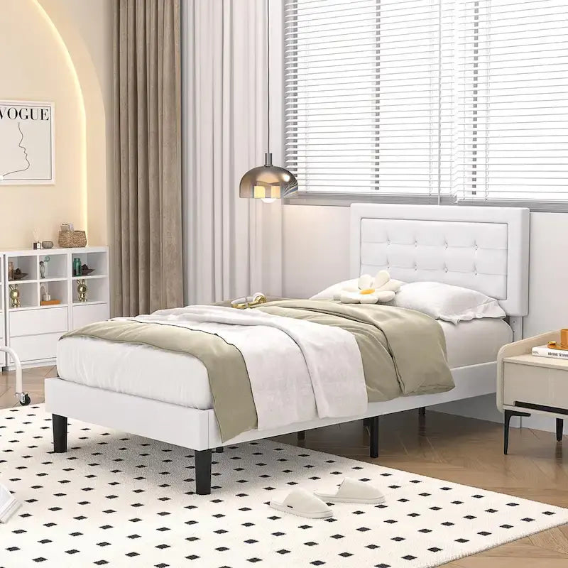 VECELO Bed Frame with Adjustable Headboard, Upholstered Button Tufted Platform Bedframe with Wood Slats Support