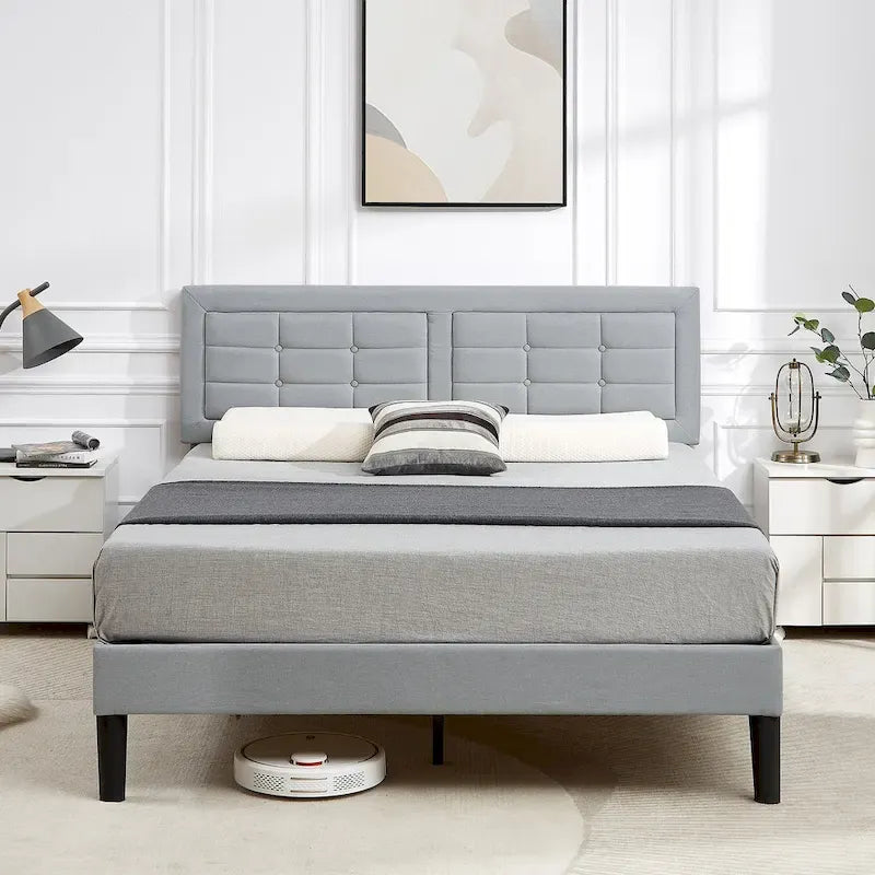 VECELO Bed Frame with Adjustable Headboard, Upholstered Button Tufted Platform Bedframe with Wood Slats Support
