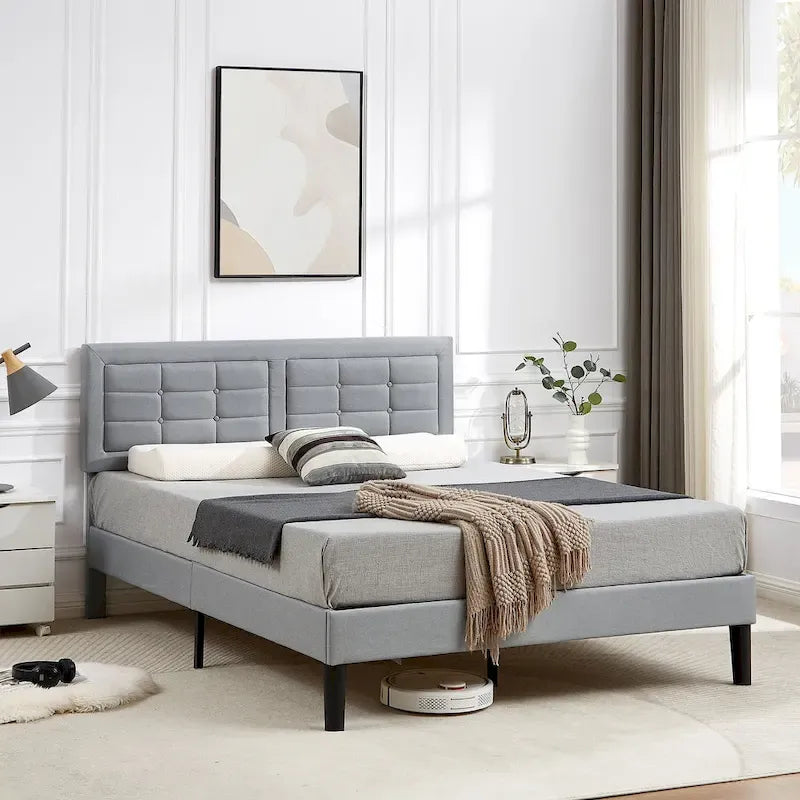 VECELO Bed Frame with Adjustable Headboard, Upholstered Button Tufted Platform Bedframe with Wood Slats Support