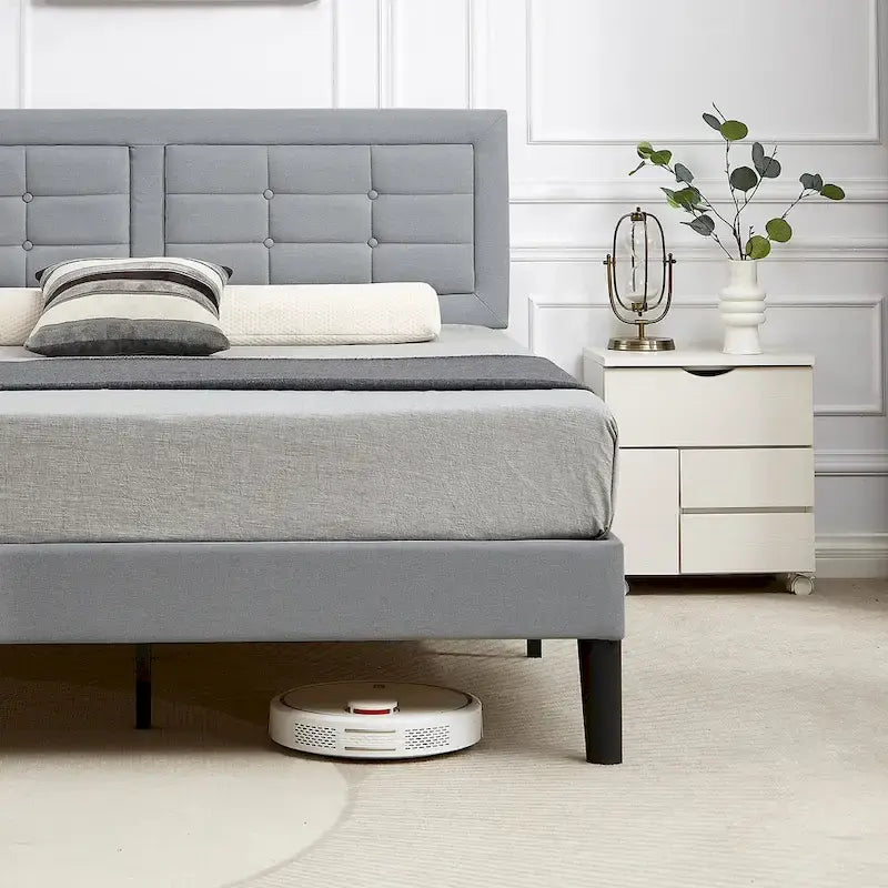 VECELO Bed Frame with Adjustable Headboard, Upholstered Button Tufted Platform Bedframe with Wood Slats Support