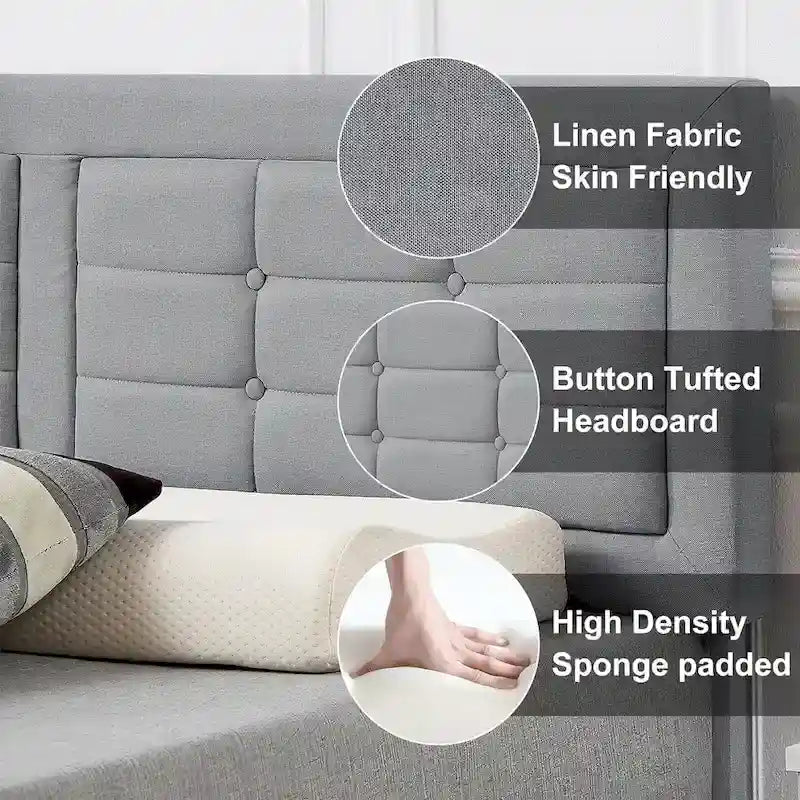 VECELO Bed Frame with Adjustable Headboard, Upholstered Button Tufted Platform Bedframe with Wood Slats Support