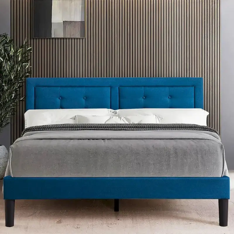 VECELO Bed Frame with Adjustable Headboard, Upholstered Button Tufted Platform Bedframe with Wood Slats Support