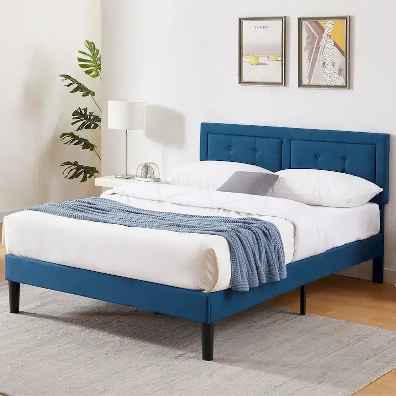 VECELO Bed Frame with Adjustable Headboard, Upholstered Button Tufted Platform Bedframe with Wood Slats Support