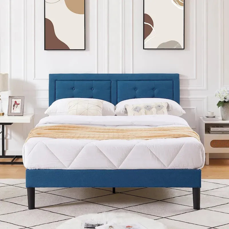 VECELO Bed Frame with Adjustable Headboard, Upholstered Button Tufted Platform Bedframe with Wood Slats Support
