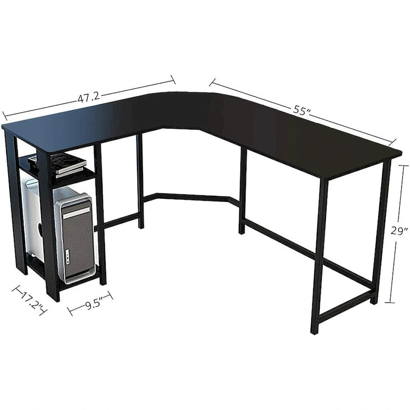 Modern L-Shaped Gaming PC Desk with Wood and Black Frame for Home Office Study