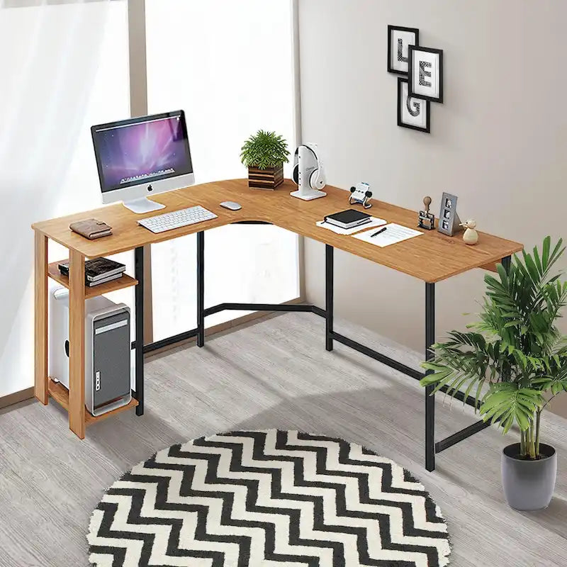 Modern L-Shaped Gaming PC Desk with Wood and Black Frame for Home Office Study