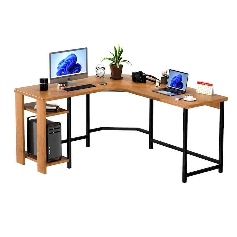 Modern L-Shaped Gaming PC Desk with Wood and Black Frame for Home Office Study