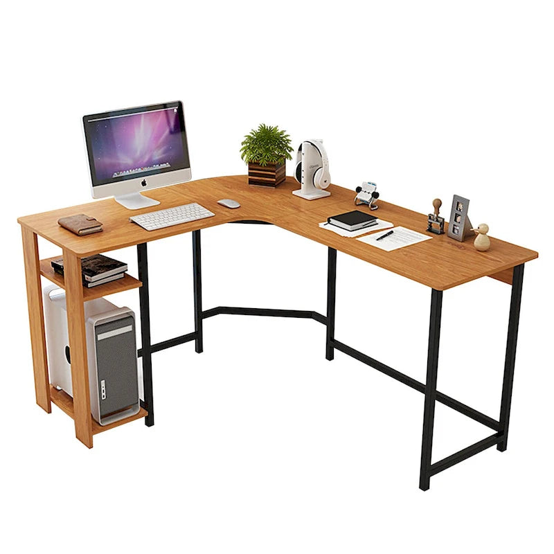 Modern L-Shaped Gaming PC Desk with Wood and Black Frame for Home Office Study