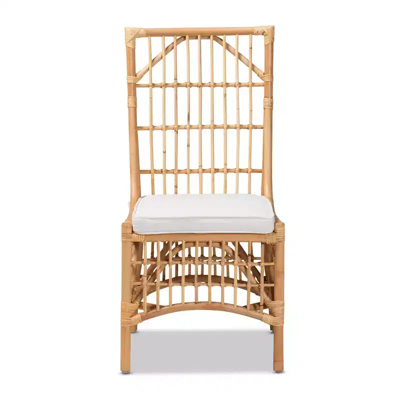 Chaise de salle à manger Rose en tissu et rotin blanc/naturel : Mélange coton-polyester, style bohème, aucun assemblage requis