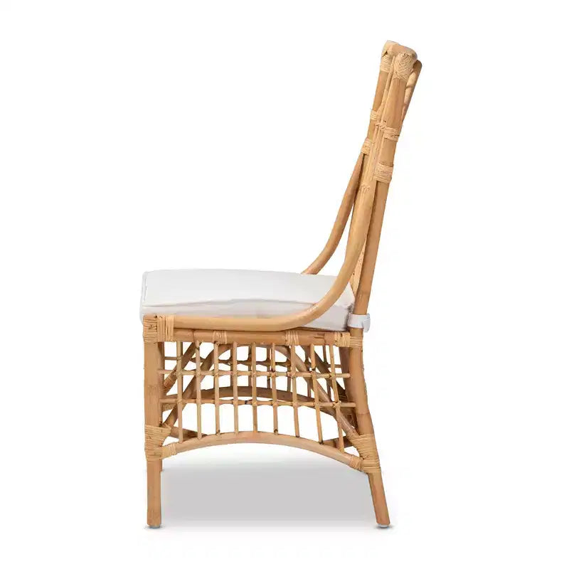 Chaise de salle à manger Rose en tissu et rotin blanc/naturel : Mélange coton-polyester, style bohème, aucun assemblage requis