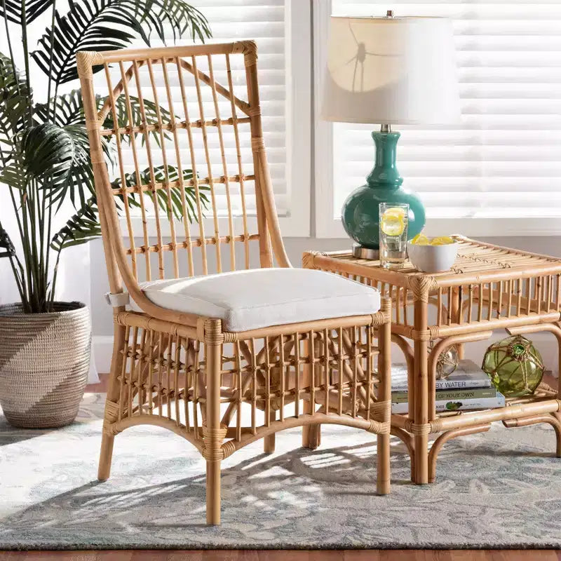 Chaise de salle à manger Rose en tissu et rotin blanc/naturel : Mélange coton-polyester, style bohème, aucun assemblage requis