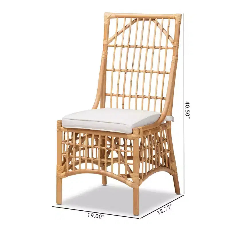 Chaise de salle à manger Rose en tissu et rotin blanc/naturel : Mélange coton-polyester, style bohème, aucun assemblage requis