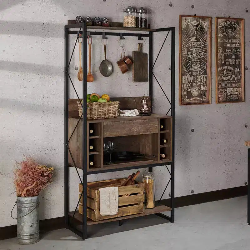 Étagère de boulanger rustique chêne recyclé style industriel, 3 étagères fixes, cadre en métal, 170 cm H