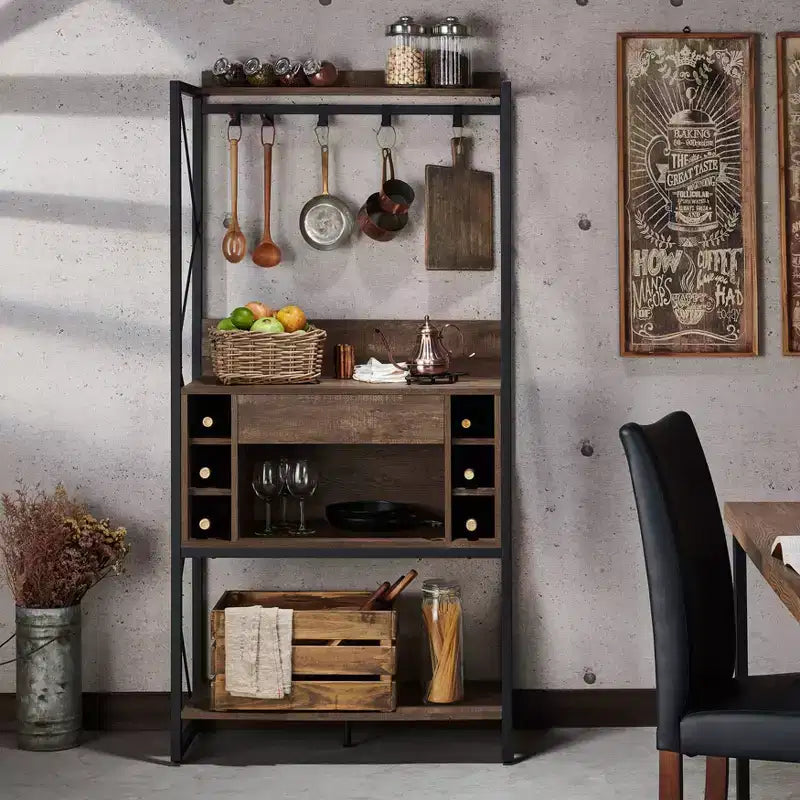 Étagère de boulanger rustique chêne recyclé style industriel, 3 étagères fixes, cadre en métal, 170 cm H
