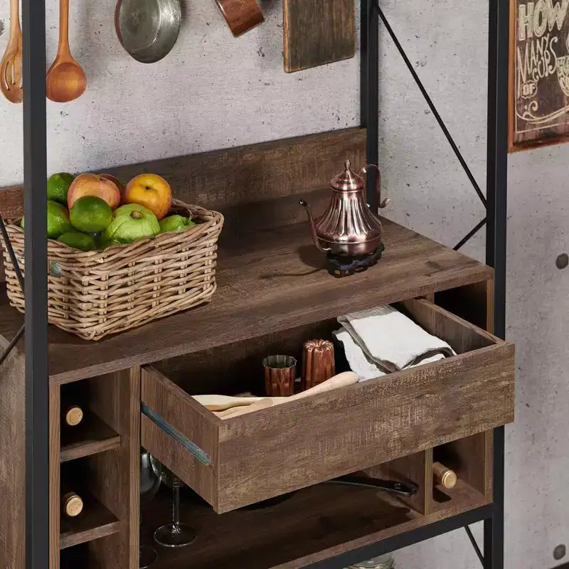 Étagère de boulanger rustique chêne recyclé style industriel, 3 étagères fixes, cadre en métal, 170 cm H