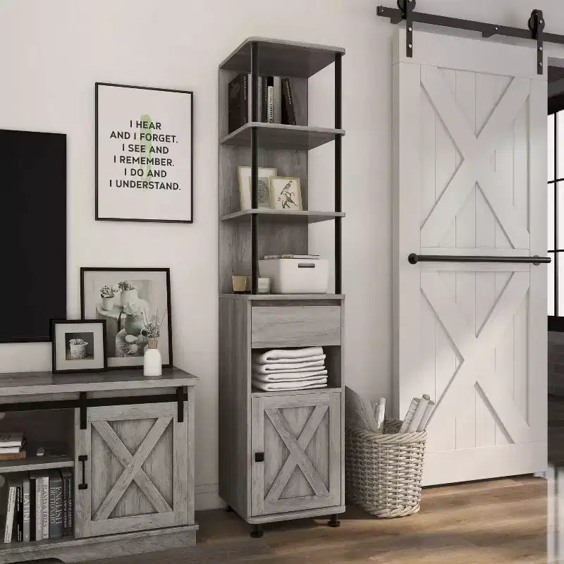 Bibliothèque multi-rangements Clander 72,3" : Structure en fer, meuble avec porte coulissante type "grange" - HOMES: Inside + Out