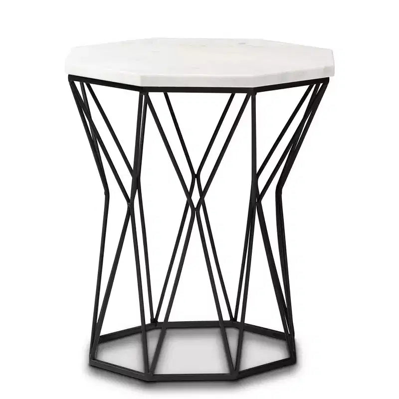 Table d'appoint rectangulaire noire en métal avec plateau en marbre pour le salon, aucun assemblage requis
