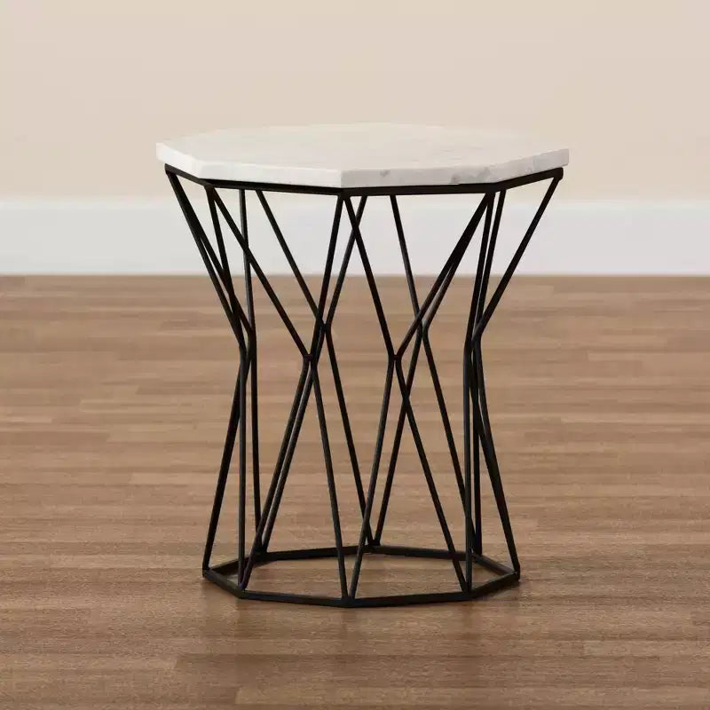 Table d'appoint rectangulaire noire en métal avec plateau en marbre pour le salon, aucun assemblage requis
