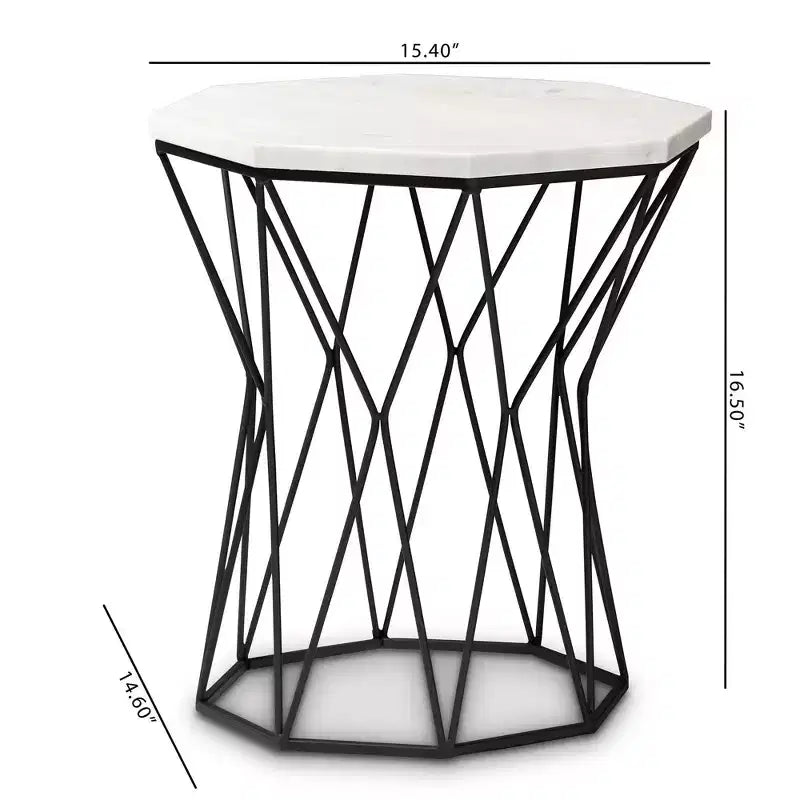 Table d'appoint rectangulaire noire en métal avec plateau en marbre pour le salon, aucun assemblage requis