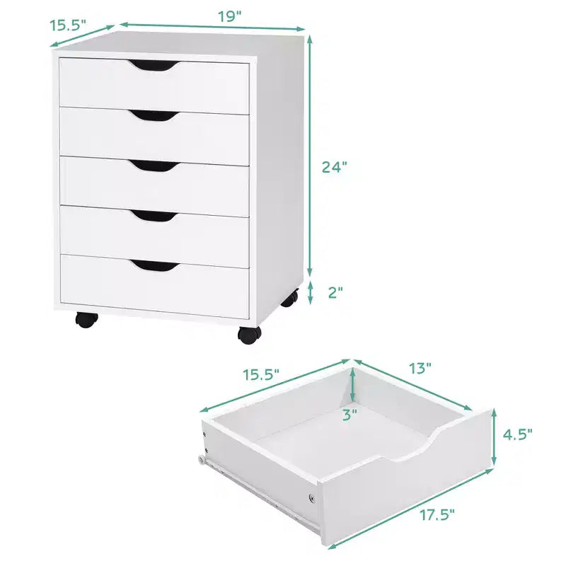 Commode de rangement à 5 tiroirs avec roulettes, couleur blanche
