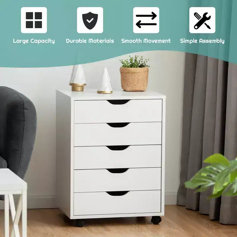 Commode de rangement à 5 tiroirs avec roulettes, couleur blanche