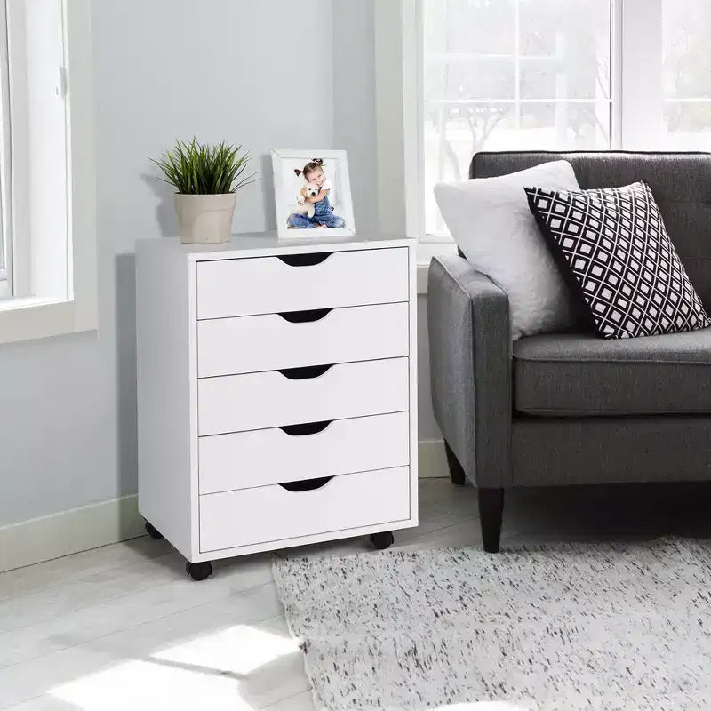 Commode de rangement à 5 tiroirs avec roulettes, couleur blanche