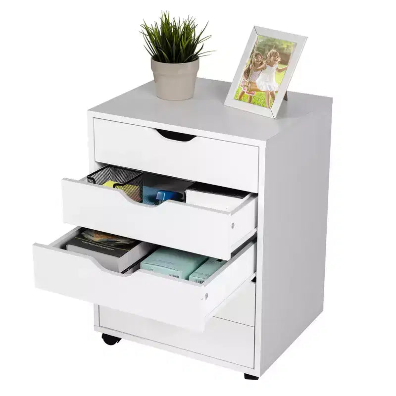Commode de rangement à 5 tiroirs avec roulettes, couleur blanche