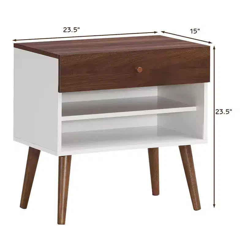 Table de chevet d'appoint avec tiroir et étagère, 2 pièces, pieds en bois d'hévéa style Mid-Century