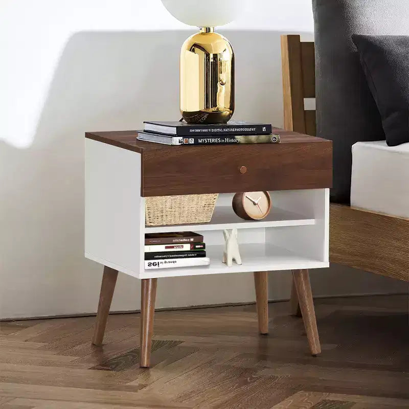 Table de chevet d'appoint avec tiroir et étagère, 2 pièces, pieds en bois d'hévéa style Mid-Century