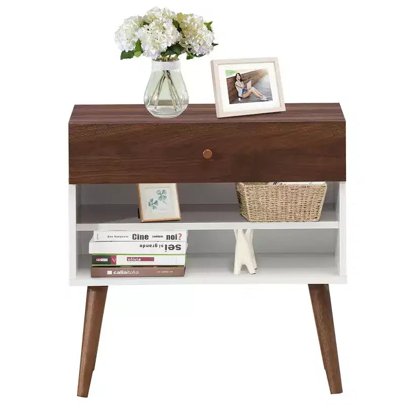 Table de chevet d'appoint avec tiroir et étagère, 2 pièces, pieds en bois d'hévéa style Mid-Century