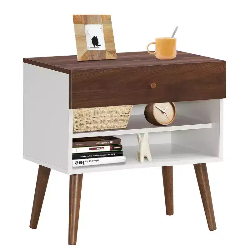 Table de chevet d'appoint avec tiroir et étagère, 2 pièces, pieds en bois d'hévéa style Mid-Century
