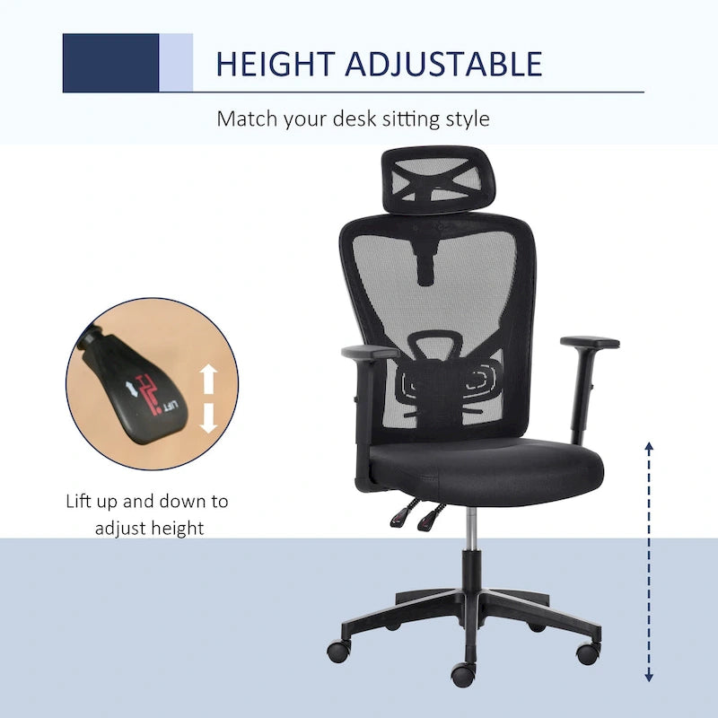 Vinsetto Mesh Home Office Chair High Back Ergonomic Computer Task Chair with Lumbar Back Support, Rotate Headrest, Adjustable