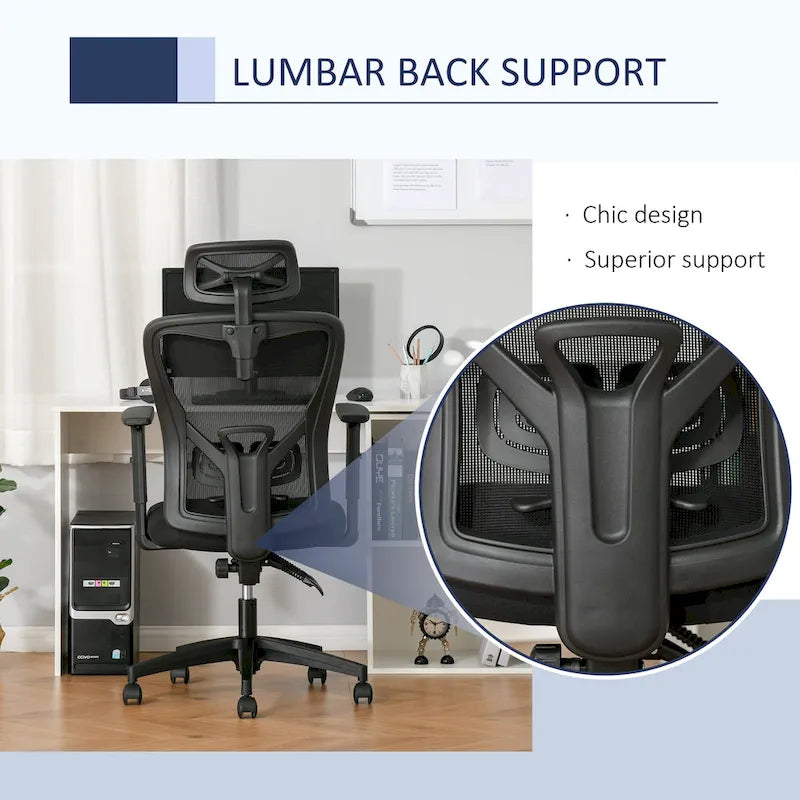 Vinsetto Mesh Home Office Chair High Back Ergonomic Computer Task Chair with Lumbar Back Support, Rotate Headrest, Adjustable