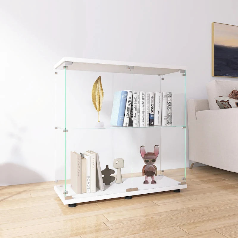 Two-door Glass Display Cabinet 2 Shelves with Door, Floor Standing Curio Bookshelf for Living Room Bedroom Office
