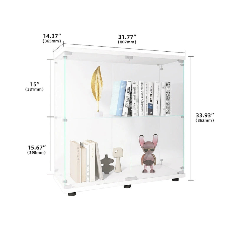 Two-door Glass Display Cabinet 2 Shelves with Door, Floor Standing Curio Bookshelf for Living Room Bedroom Office