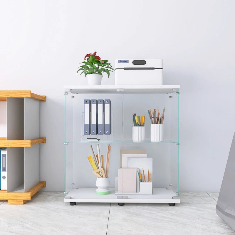 Two-door Glass Display Cabinet 2 Shelves with Door, Floor Standing Curio Bookshelf for Living Room Bedroom Office