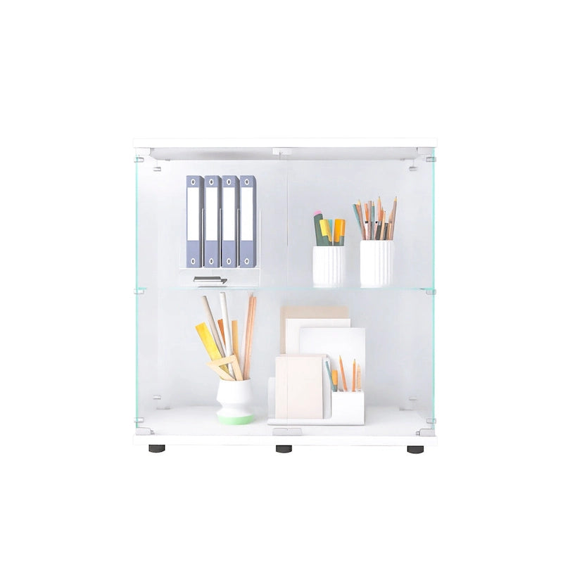 Two-door Glass Display Cabinet 2 Shelves with Door, Floor Standing Curio Bookshelf for Living Room Bedroom Office