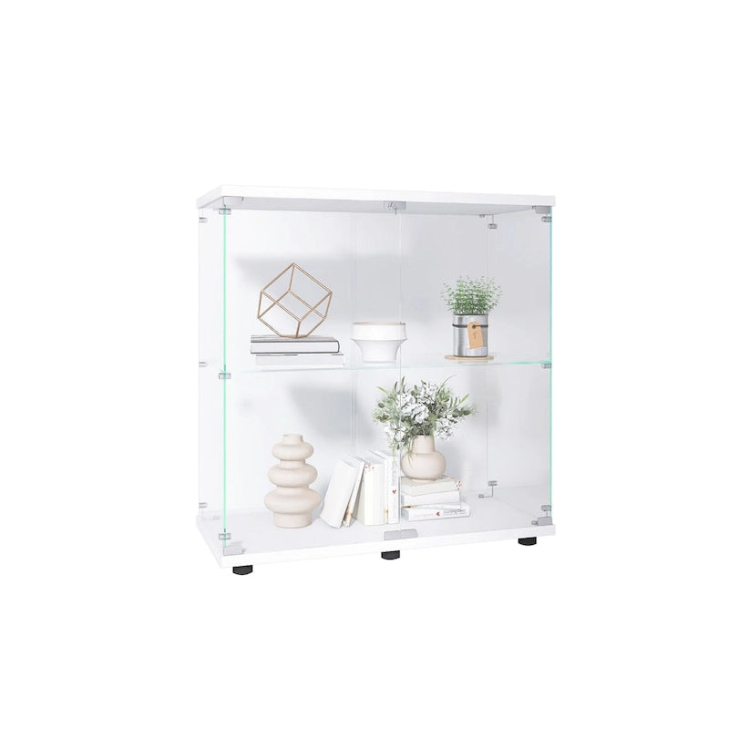 Two-door Glass Display Cabinet 2 Shelves with Door, Floor Standing Curio Bookshelf for Living Room Bedroom Office