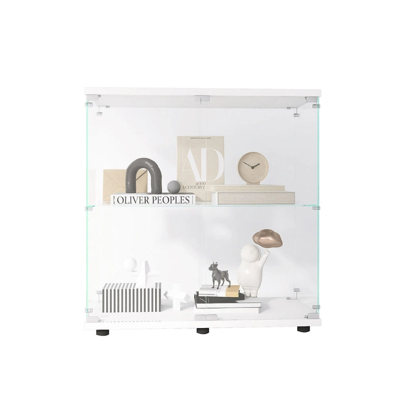 Two-door Glass Display Cabinet 2 Shelves with Door, Floor Standing Curio Bookshelf for Living Room Bedroom Office