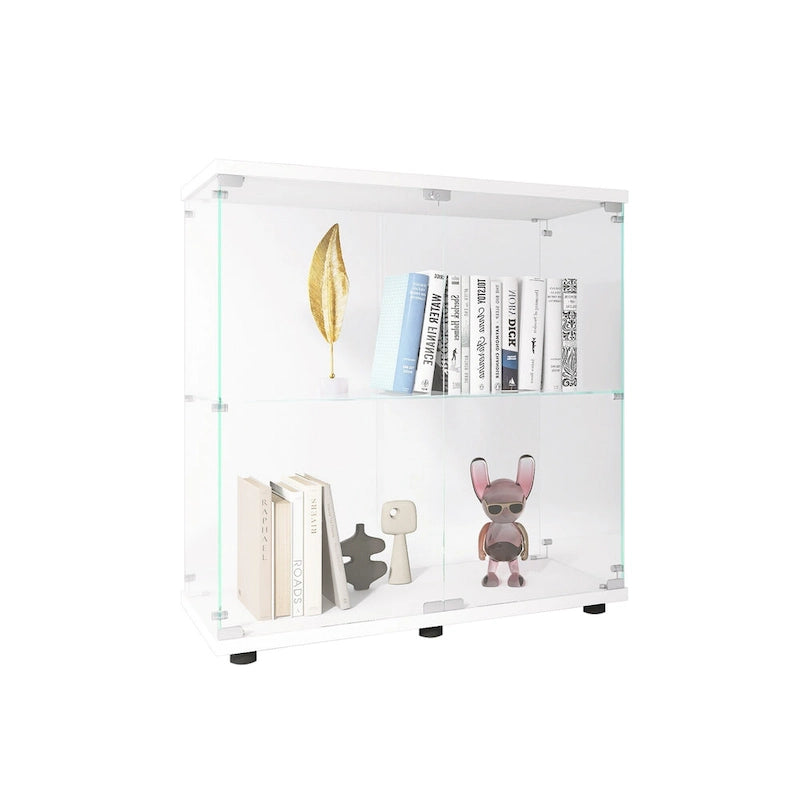 Two-door Glass Display Cabinet 2 Shelves with Door, Floor Standing Curio Bookshelf for Living Room Bedroom Office