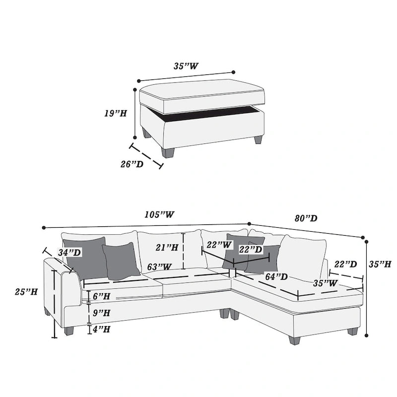 Bobkona Polyfabric Reversible Chaise Sectional with Storage Ottoman set.